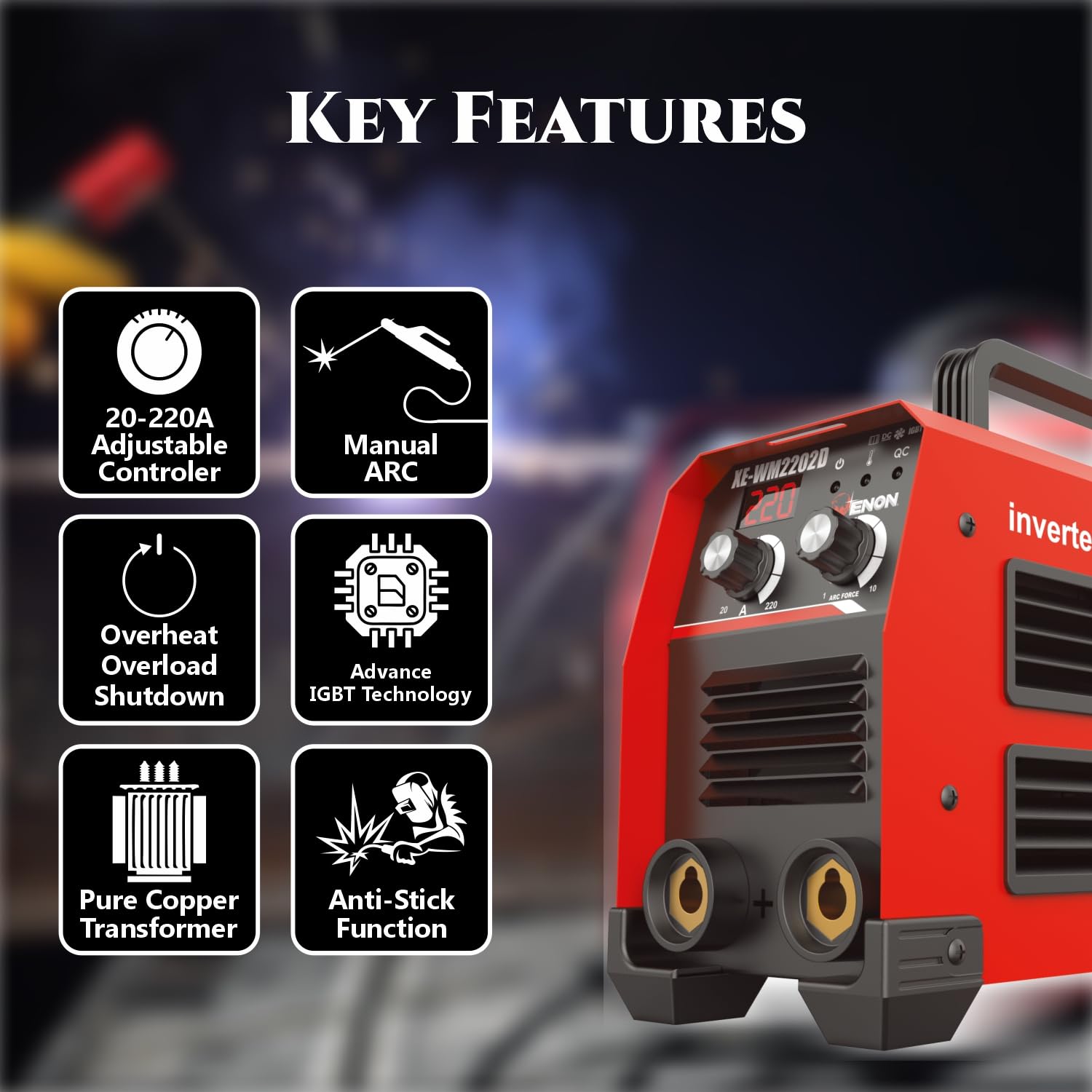 ENON 220A ARC Welding Machine Dual Phase Professional Inverter, 10800W Advanced IGBT Hot Start, Anti-Stick, LED Display, Portable/Compact Welding Machine for Home Use/DIY (XE-WM2202D) ENON 220A ARC Welding Machine Dual Phase Professional Inverter, 10800W Advanced IGBT Hot Start, Anti-Stick, LED Display, Portable/Compact Welding Machine for Home Use/DIY (XE-WM2202D)